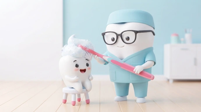Ilustración 3D amigable de un dentista diente con anteojos limpiando los dientes de un niño diente feliz sentado en un banquito. Servicio de odontopediatría en Guatemala.