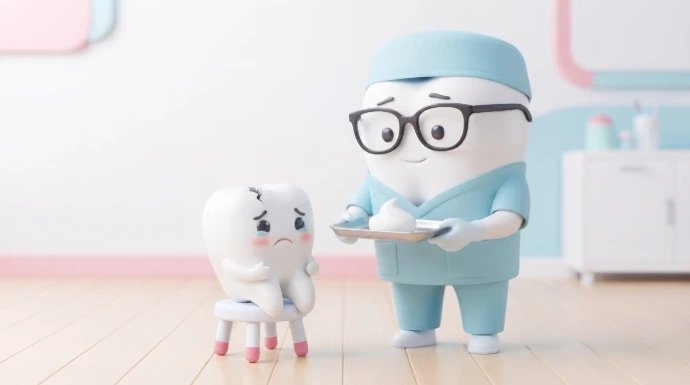 Ilustración 3D amigable de un odontopediatra con anteojos atendiendo a un diente niño con caries que está triste sentado en un banquito. Especialistas en salud dental infantil en Guatemala.